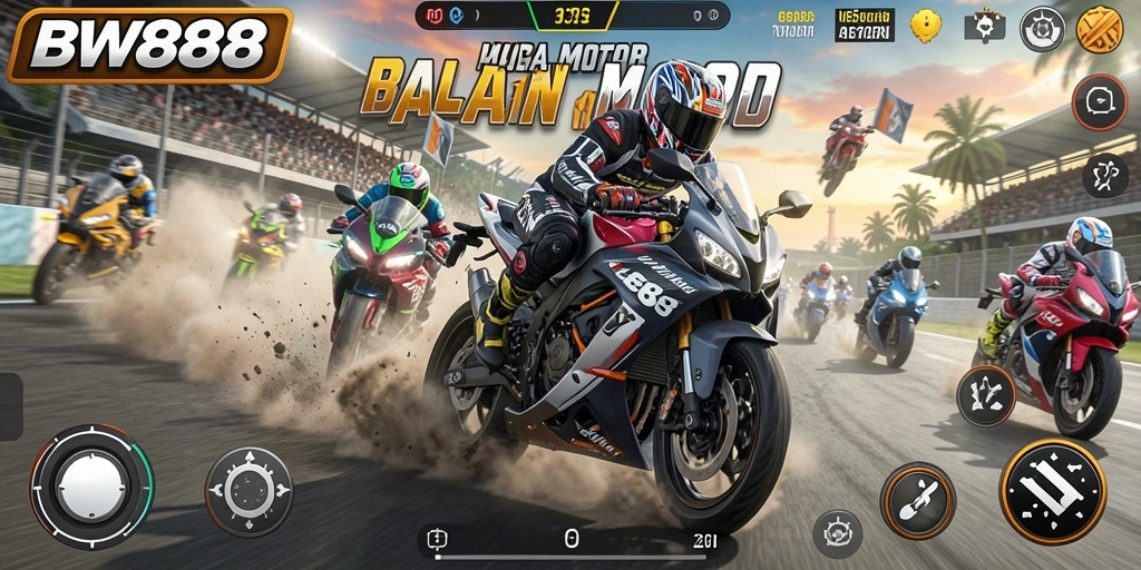 Screenshot BW888 menampilkan aksi balap motor yang intens.