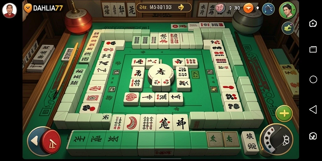 Tampilan gameplay seru dalam DAHLIA77 dengan nuansa Mahjong yang kental.