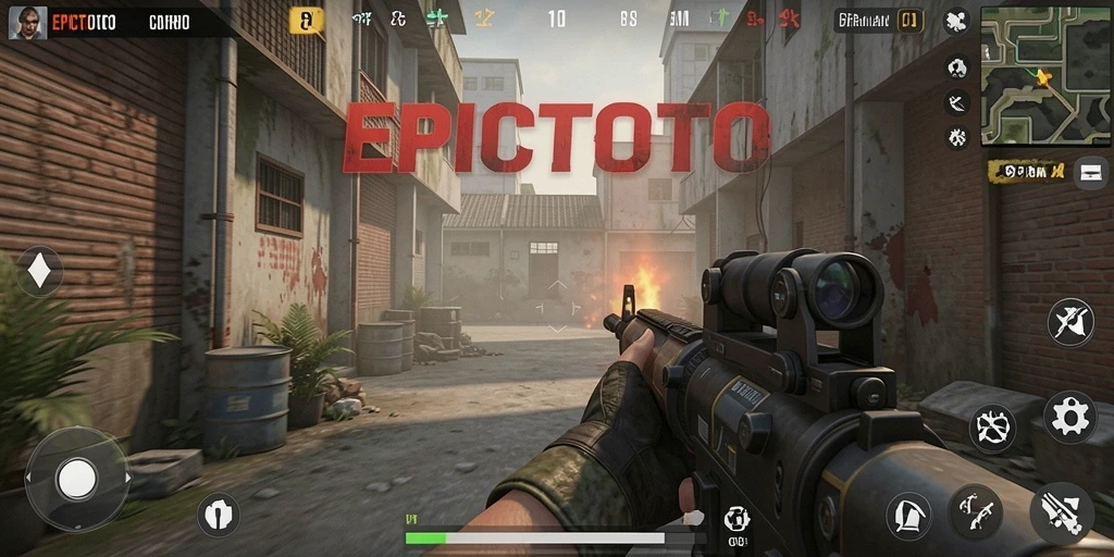 Screenshot gameplay dari EPICTOTO menampilkan pertarungan intens di dunia FPS.