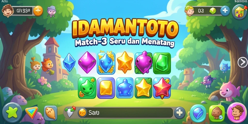 Screenshot gameplay <strong>IDAMANTOTO</strong> menampilkan keseruan mencocokkan permata yang berwarna-warni.