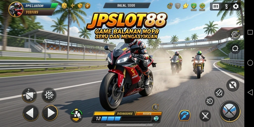 Tampilan gameplay menegangkan dari JPSLOT88 saat balapan motor.