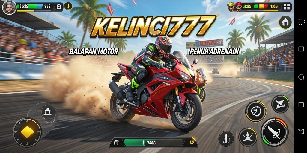 Tampilan gameplay seru KELINCI777 saat balapan motor.