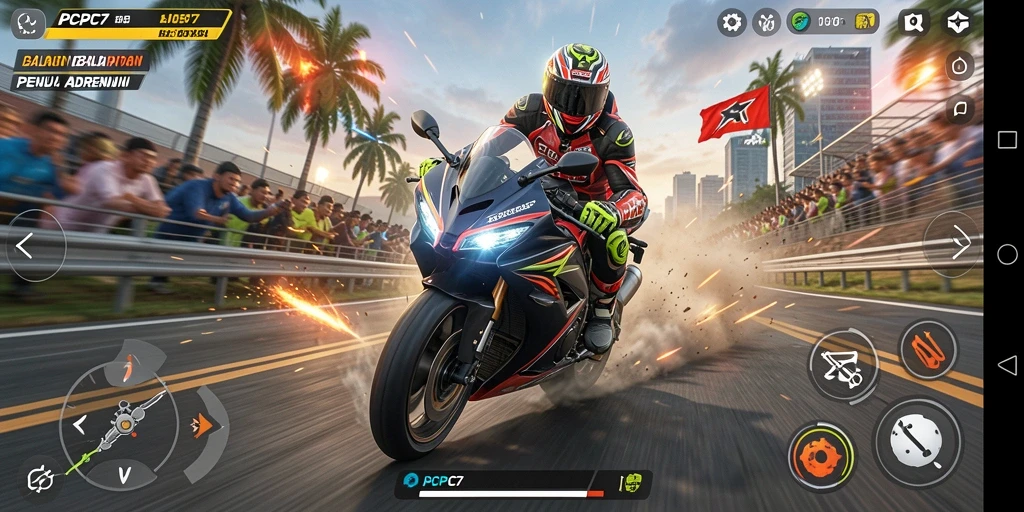 Tampilan gameplay PCPC7 dengan balapan motor yang mendebarkan.