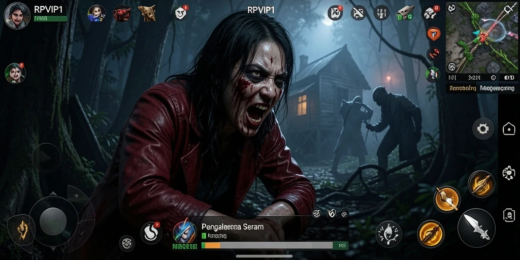 Screenshot gameplay RPVIP1 menampilkan suasana menyeramkan dan makhluk horor yang menakutkan.