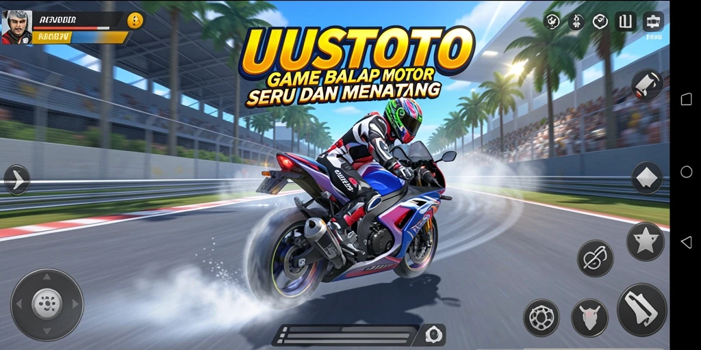 Screenshot utama UUSTOTO menampilkan balapan motor yang seru dan menegangkan.